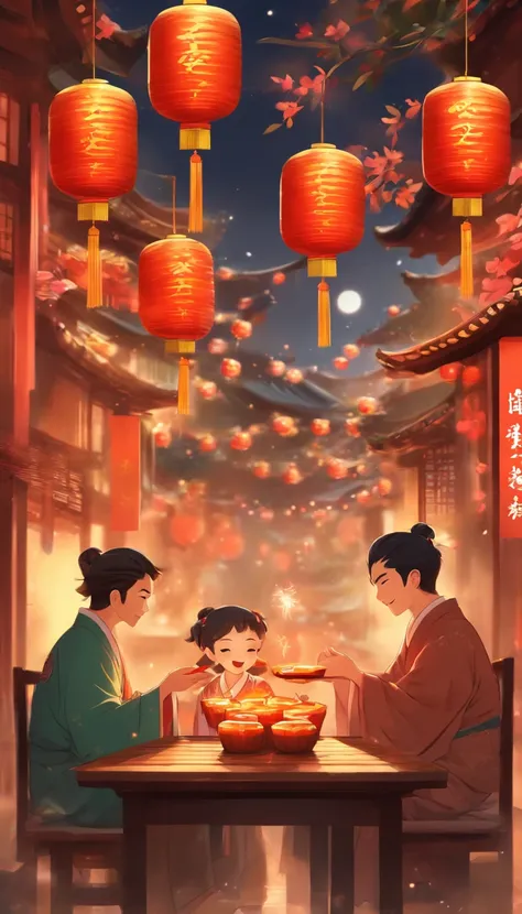 A family eats mooncakes，Men honor their parents with gifts in their hands, Happy family, There are mooncakes on the table,Gift in hand， tea drinking and paper lanterns, warm and joyful atmosphere, Digital illustration, Poster illustration, kid, , digital i...