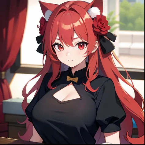 Works of masters，Best image quality，Higher quality，high detal，超高分辨率，8K分辨率，Cat ears，cat eyes，long whitr hair，Wool curly hairstyle，whaite hair，Qi bangs，shairband，Bow hair ornament，Head flower，Red eyes，Lori huge breasts cleavage