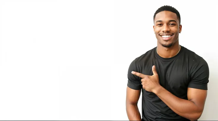 homem sorridente de camisa branca apontando para algo com o dedo, adolescente negro, homem de pele marrom com um sorriso gigante...