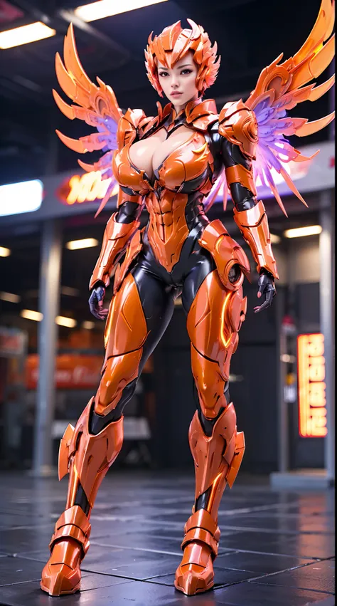 FIRE PHOENIX, HUGE BOOBS, MECHA ARMOR FULL SUIT, (CLEAVAGE), (A PAIR LARGEST PHOENIX WINGS), TRANSPARANT, TALL LEGS, STANDING, SEXY BODY, MUSCLE ABS.