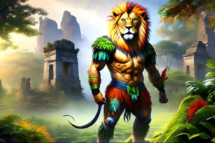 (a realistic depiction of a humanoid lion standing majestically in a lush fantasy jungle), (a lion with a mans body: 1.4),warrior clothing, dappled sunlight, vibrant colors, extraordinary details, sharp focus, immersive 3D rendering , ultra-fine painting, ...