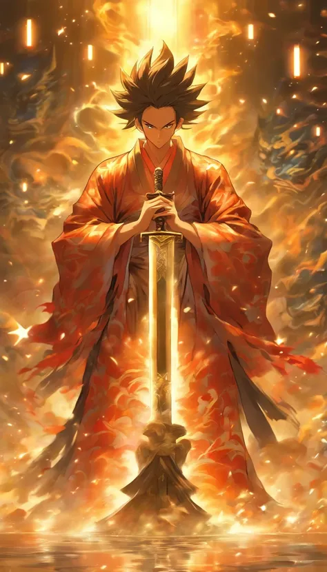 /imagine prompt: A young man tremblingly kneels before the master, with a terrified expression on his face. The majestic master is wearing a gorgeous Taoist robe and holding a giant sword. The surroundings are a silent sect, with several guards at the sect...