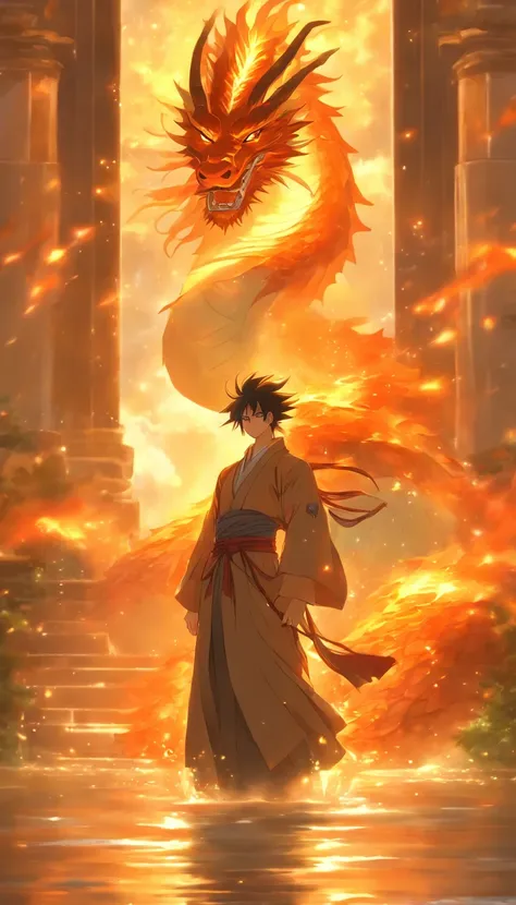 /imagine prompt: A handsome and confident young man, Dragon Wushuang, standing in front of a majestic palace, with tears welling up in his eyes, a wide sky behind the palace, bathed in sunlight, creating a magnificent and touching scene, ,32k, best quality...