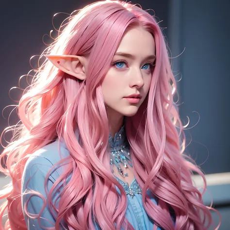 (an adult woman, long curly hair, pink hair, blue eyes, elf)