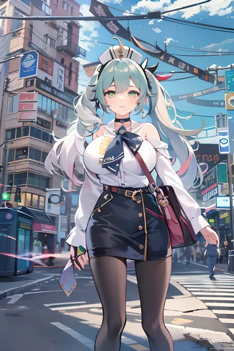 masterpiece , best quality,nahida(genshin impact), 1girl , white shirt:1.5 ,huge breasts, side ponytail ,white hair ,multicolored hair, green eyes,casual outfit , hat , black choker, bag , green hair,busy road , city life