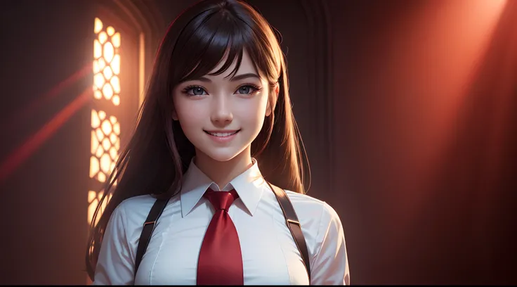 Highly detailed, 8K, Masterpiece, 1girll, red necktie, Smile, (Perfect_face), Detailed_Background, full_Body, full bloom,(Beautiful lighting:1.3), Caustics, Dynamic lighting, From_Below