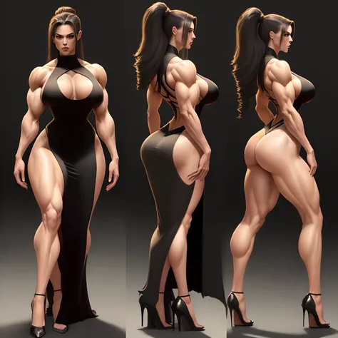 Confident muscle woman walking in an evening gown with a long slit up the side, profile view, large calf muscles, poweful legs, big ass, medium boobs, walking tall, fit, hardbody, vascular