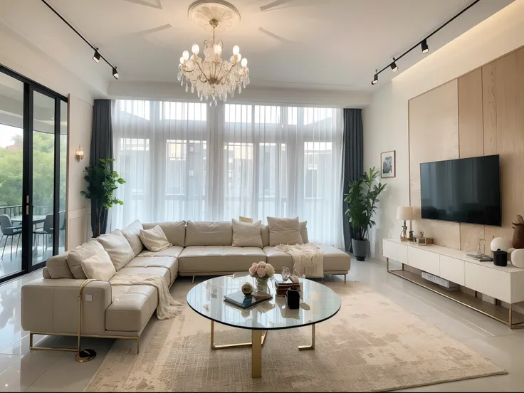 ，masterpiece, best quality，8k, ultra highres，Step into this magical living room，Its like being in an enchanted forest。The whole space is surrounded by greenery，The reflection of trees is projected on the glass wall，Its like floating in water。The large comf...