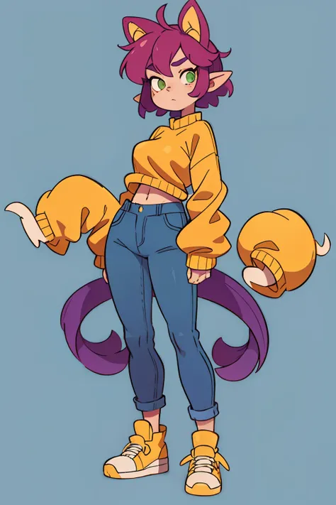 short purple hair, Two large tails on the sides, yellow sweater, Long yellow arms,The cap with ears is yellow, Green eyes, blue jeans, shoes