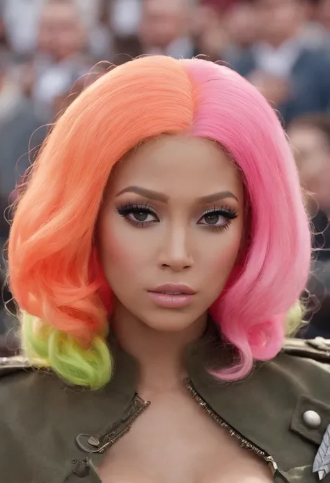 “Saving Private Ryan” starring Nicki Minaj in a colorful wig, scene: middle of intense battle, directed by Steven Spielberg, DVD action scene screen-grab, UHD, fine detail, 4k, extremely detailed, --ar 16:9