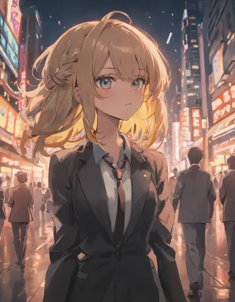 masterpiece:1.2, best quality), 8k,Sharp focus, 1 cool adult woman posing , long and messy hair, Wearing sunglasses, Wearing a black suit with a white shirt and tie,Dynamic pose, Night city background with beautiful lighting