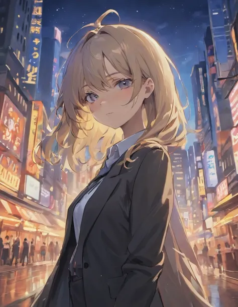 masterpiece:1.2, best quality), 8k,Sharp focus, 1 cool adult woman posing , long and messy hair, Wearing sunglasses, Wearing a black suit with a white shirt and tie,Dynamic pose, Night city background with beautiful lighting