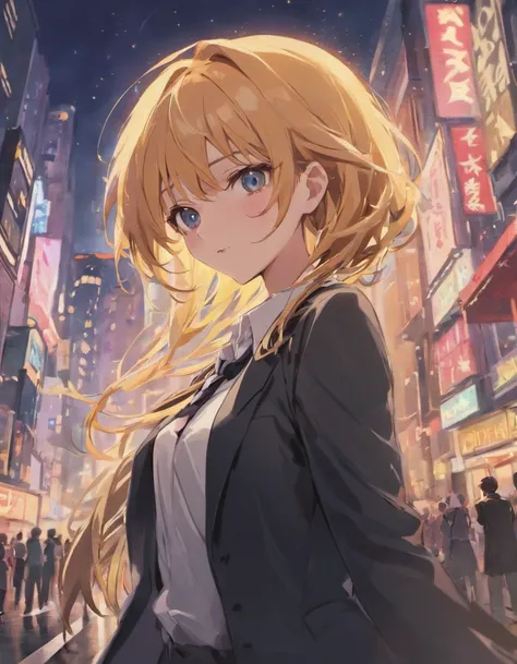 masterpiece:1.2, best quality), 8k,Sharp focus, 1 cool adult woman posing , long and messy hair, Wearing sunglasses, Wearing a black suit with a white shirt and tie,Dynamic pose, Night city background with beautiful lighting