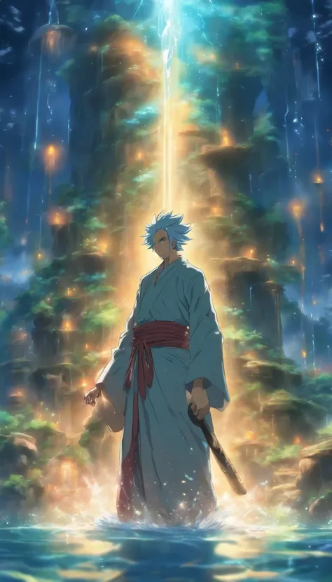 /imagine prompt: An elderly elder standing in front of a water dungeon, holding a long whip, staring sternly at the disciple in the water dungeon, ,32k, best quality, masterpiece, super detail, high details, by Makoto Shinkai ,in the style of the stars art...