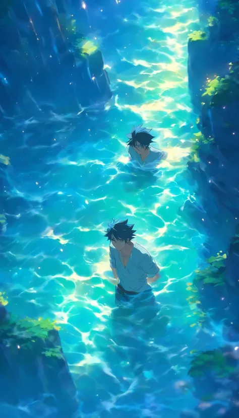 /imagine prompt: A young man hurriedly returning to the scene, surrounded by silence. He hears shouts and the sound of water, and follows the sound to find the water dungeon. ,32k, best quality, masterpiece, super detail, high details, by Makoto Shinkai ,i...