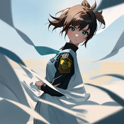 A girl with short hair and a ponytail and a police uniform is standing in front of the white cloth looking at you fiercely