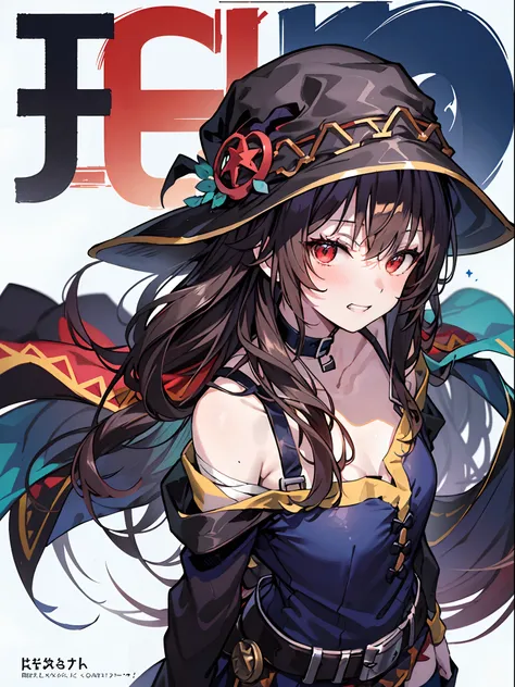 megumin, kono subarashii sekai ni shukufuku wo!, 1girl, solo, standing, looking at viewer, hat, witch hat, brown hair, short hair with long locks, red eyes, blush, evil grin, black choker, collarbone, flat chest, off-shoulder dress, dress, red dress, brown...