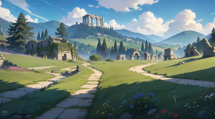 Vista, Direct View, Mottled Meadow Pavement, Stone Paved Road and Weeds, open grass lands with hills, Horizontal, Detailed, 8K, Parallel View, League of Legends, Ruins, Pavement Background with Ruins, genshin impact, river flowing to the left side, ancient...