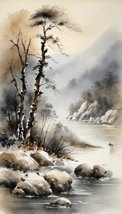 Chinese landscape painting，ink and watercolor painting，water ink，ink，Smudge，Faraway view，Ultra-wide viewing angle，Meticulous，Fishing boat vistas，Meticulous，Smudge，low-saturation，Low contrast，Fishing alone in the cold river snow，snow landscape，Beautifully d...