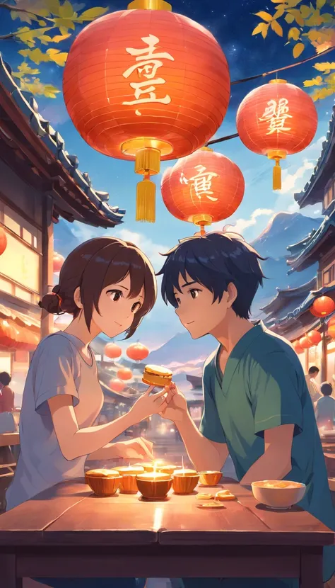 A family eats mooncakes，Men honor their parents with gifts in their hands, Happy family, There are mooncakes on the table,Gift in hand， tea drinking and paper lanterns, Another bright moon in the sky，warm and joyful atmosphere, Digital illustration, Poster...