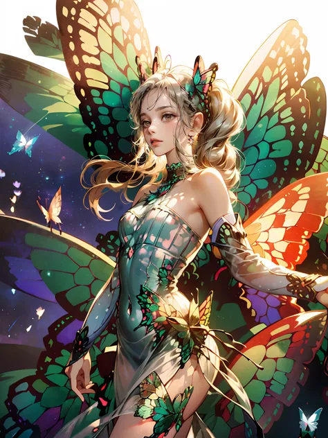 woman with a drink in her hand and a fairy costume, ((beautiful transparent butterfly wings:1.5)), ((glittery wings)),  fantasy illustration, calm and peaceful facial expressions,silver pedals blowing around, cowboy shot, perfect anatomy, ((perfect shaped ...