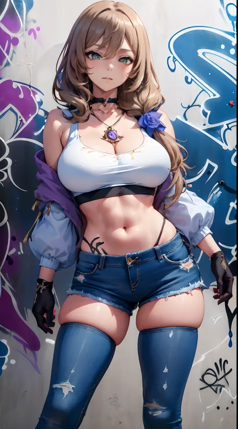 lisa|genshin impact, master-piece, bestquality, 1girls,25 years old, shorts jeans, oversized breasts, ,bara, crop top, shorts je...