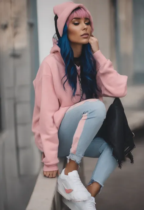 Tall girl, Checkered hoodie, BLACK HOOD, White sleeves with black color at the bottom, blue short wavy hair, Pink strand on bangs on the left, Most bangs are on the left side and some bangs are on the right side, black eyes with a yellow edge, gray ripped ...