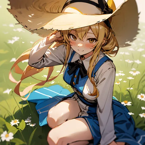 [Anime 1.5], [Shiina Mahiru 1.5], [The Angle Next Door Spoils Me Rotten], long blonde hair, summer outfit, smile, cute and beautiful, hat, blushing, brushing hairs behind ears, holding hat