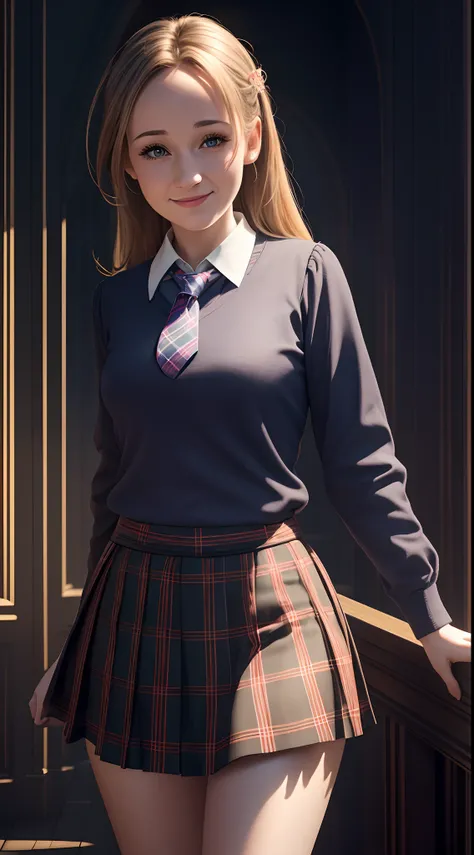 Highly detailed, 8K, Masterpiece, 1girll, Plaid tie, J.K. Rowling skirt，Smile, (Perfect_face), Detailed_Background, full_Body, full bodyesbian，full bloom,(Beautiful lighting:1.3), Caustics, Dynamic lighting, From_Below