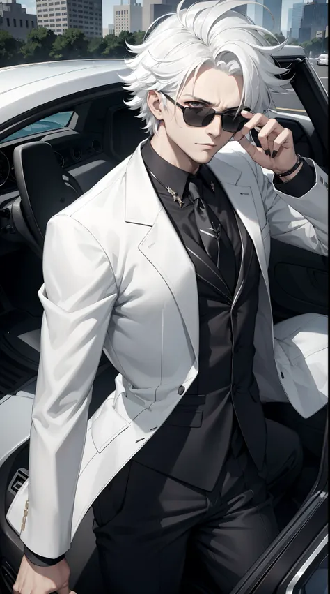 (masterpiece:1.2, best quality), 8k,Sharp focus, 1 cool guy posing in a sports car, white hair, Short and messy hair, Wearing sunglasses, Wearing a black suit with a white shirt and tie,Dynamic pose, city background,