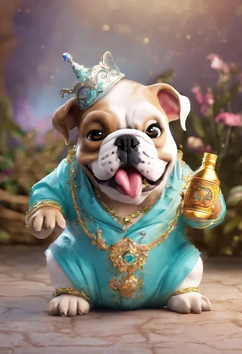 make an exotic english bulldog baby, with a bottle in its mouth, pixar disney style 3d