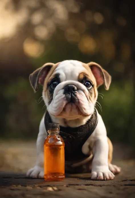 make an exotic english bulldog baby, with a bottle in its mouth, pixar disney style 3d