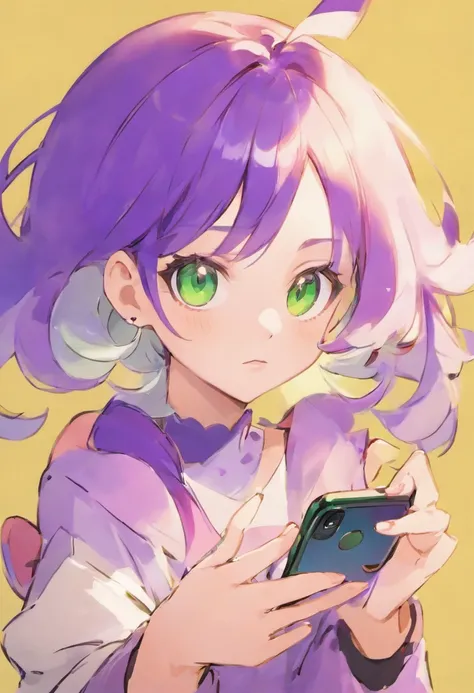 Girl with purple hair from her phone and green eyes