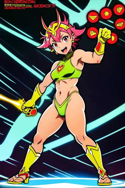 oni,sentai, heroine,superhero, standing, full body, solo focus, smile, open mouth, monstergirl