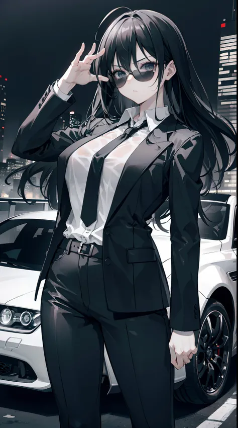 (masterpiece:1.2, best quality), 8k,Sharp focus, 1 cool adult woman posing in a sports car, long and messy hair, Wearing sunglasses, Wearing a black suit with a white shirt and tie,Dynamic pose,city background with beautiful lighting