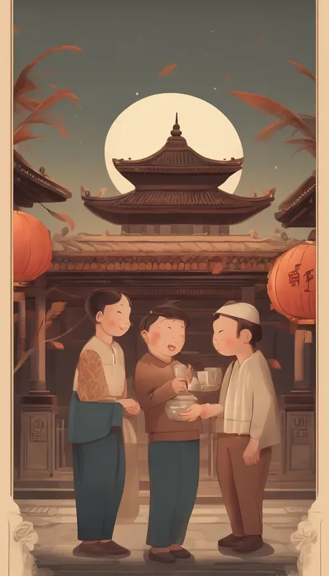 A family eats mooncakes，Men honor their parents with gifts in their hands, Happy family, There are mooncakes on the table,Gift in hand， tea drinking and paper lanterns, Another bright moon in the sky，warm and joyful atmosphere, Digital illustration, Poster...