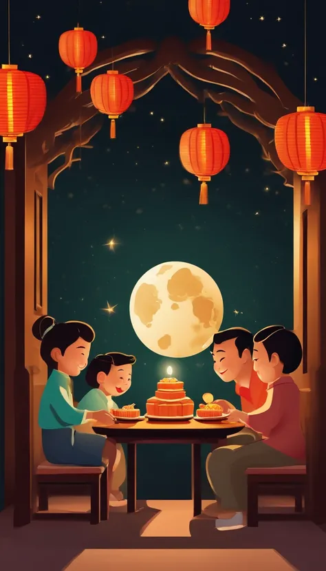 A family eats mooncakes，Men honor their parents with gifts in their hands, Happy family, There are mooncakes on the table,Gift in hand， tea drinking and paper lanterns, Another bright moon in the sky，warm and joyful atmosphere, Digital illustration, Poster...