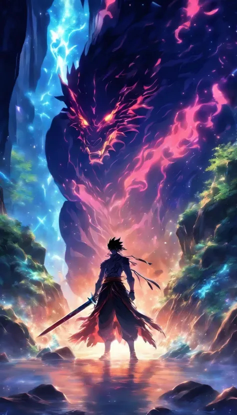 /imagine prompt: A handsome and ruthless man standing at the entrance of a dark cave, holding a sharp sword, with ferocious monsters and a dark aura behind him, ,32k, best quality, masterpiece, super detail, high details, by Makoto Shinkai ,in the style of...