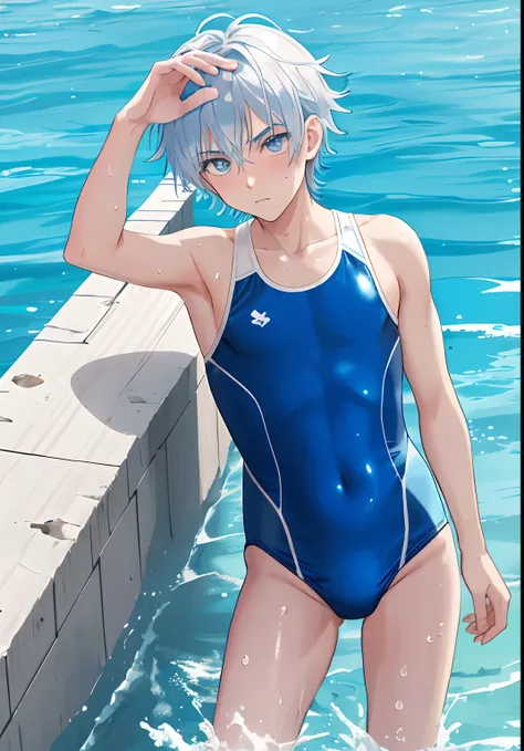 Cartoon photo of a man in a blue swimsuit, gender change, gender change(Girls to boys), Wet swimsuit, Man with short silver hair, wearing a swimming wear, garments:High-cut swimwear, Rogue Anime Boy, short-hair, Swimsuit, Cute boy in tank suit, onepiece sw...