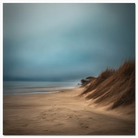 Plage solitaire avec fond marin calme, A shadow in the shape of a walker, starry night, Thick fog on the ground, Blue light on the horizon, Moteur Unreal 5, cutscene, Low-angle photography, Flou de mouvement, profondeur de champ, dust, Pavers and dirt. Spl...