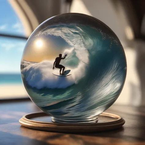 masterpiece, best quality, a beautiful glass globe with a beautiful high marine wave tube inside, silhouette of a surfer, white cloud in background, sunny highlight, hyperrealistic photography, image created with a Sony A7SIII camera, photo, intricate, ins...