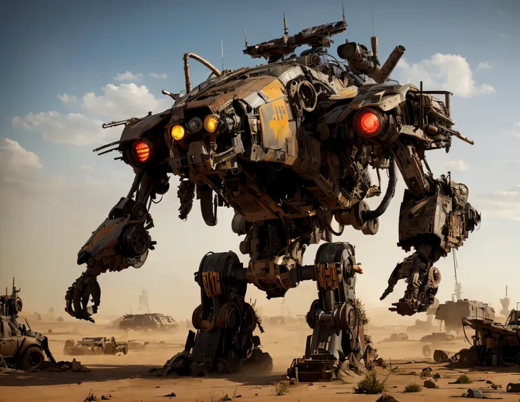 madmax style, postapocalyptic wasteland killer droid