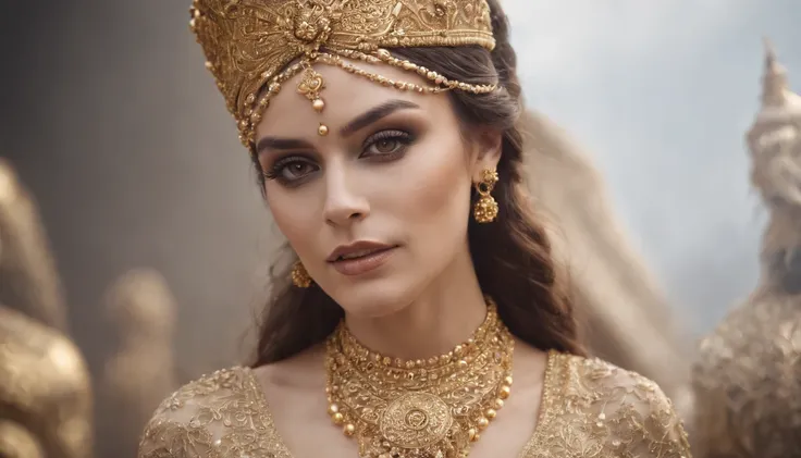 woman dressed golden and gold makeup,in the style of skull motifs,covered in luxurious jewelry, jewelry, luxury, dark white and dark bronze, jewelry by painters and sculptors,high details,realistic,ultra intricate detailing, 8k, Cinematic Lighting, cinemat...