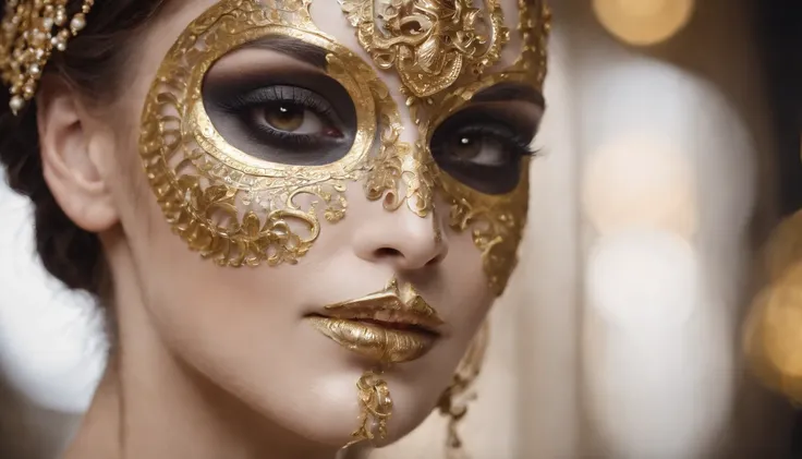 woman dressed golden and gold makeup,in the style of skull motifs,covered in luxurious jewelry, jewelry, luxury, dark white and dark bronze, jewelry by painters and sculptors,high details,realistic,ultra intricate detailing, 8k, Cinematic Lighting, cinemat...