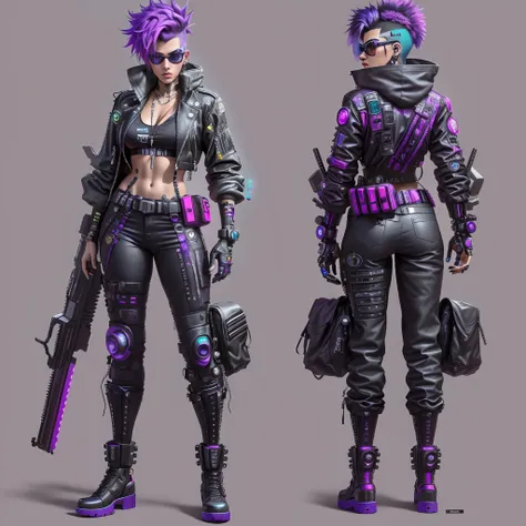 um close up de duas poses diferentes de uma mulher com cabelo roxo, mechanic punk outfit, design de personagens cyberpunk, perso...