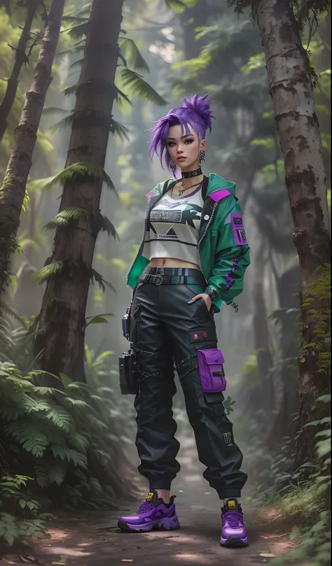 There is a woman with purple hair and a purple jacket standing in the forest, estilo cyberpunk silenciado, roupa estilo cyberpunk, no estilo cyberpunk, em um jardim cyberpunk, Arte no estilo de Guweiz, florpunk cyberpunk, cyberpunk na folhagem, em CIDADE C...