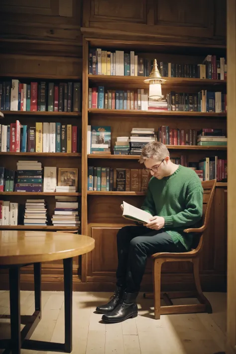 Prompt 4:
In the school library, NathanLeserman is engrossed in a book, surrounded by tall shelves filled with knowledge. His winter boots peek out from under the table. A gentle teal glow illuminates the scene, highlighting the tan of the book pages, the ...