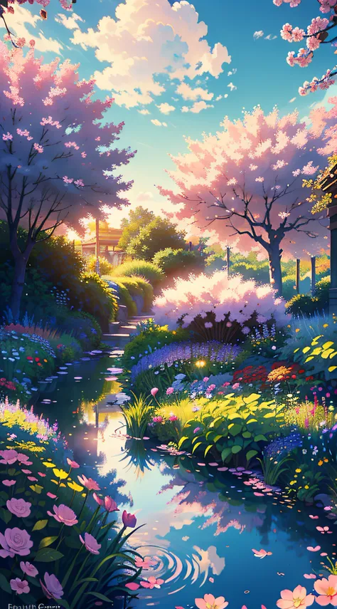 (Illustration:1.3), (secret garden), lush, floral, rose, (cherry blossom trees,botanical), summer morning (light blue)sky, floating cloud, sunlight reflecting on flours and small water river which is flowing through the garden (realistic:1.5), (good shadin...