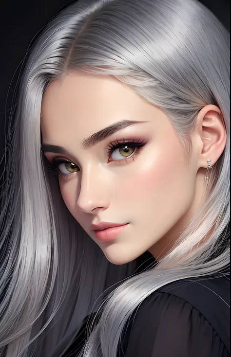 animesque、portraitures、One Person２０age、Pretty Woman、Moisturized eyes、Casual clothing、a picture、oval jaw、beautiful countenance、The hair、Silver and black eyes with beautiful shine,,、LDS Art