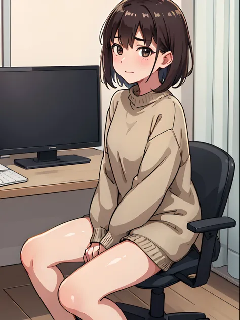 hiquality, tmasterpiece (one adult girl).  plays on computers. looks at the monitor .short brown hair. brown eye. the clothes: g...